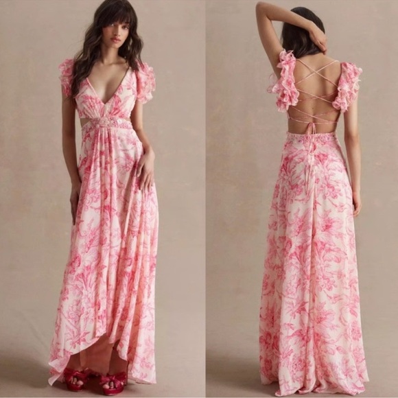 Mac Duggal Pink & Cream Ruffle Open Lace Up Back Cutout Maxi Gown - Reemoly